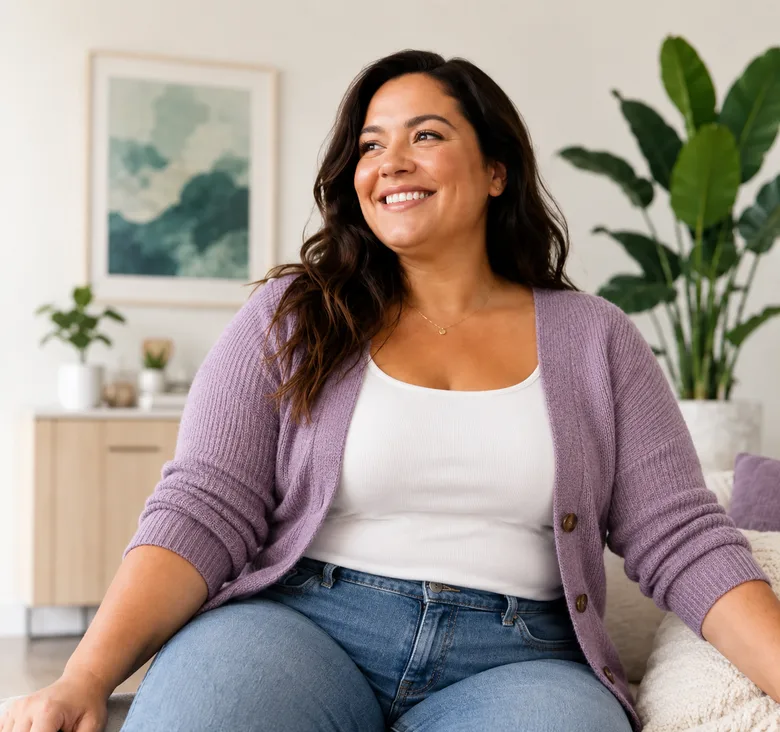 A woman smiling in a bright, comfortable home